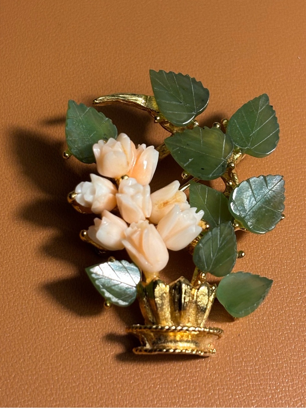 Estate Vintage Swoboda Floral Brooch Pin, Genuine Jade and Coral Gold Tone